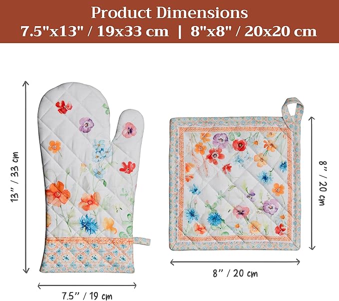 Maison d' Hermine 100% Cotton Oven Mitt & Pot Holder Set (7.5"x13" & 8"x8") Heat Resistant BBQ Cooking Gloves with Loop Baking Grilling Kitchen Hotel Home Farmhouse Spring Summer(Summer Whisper)