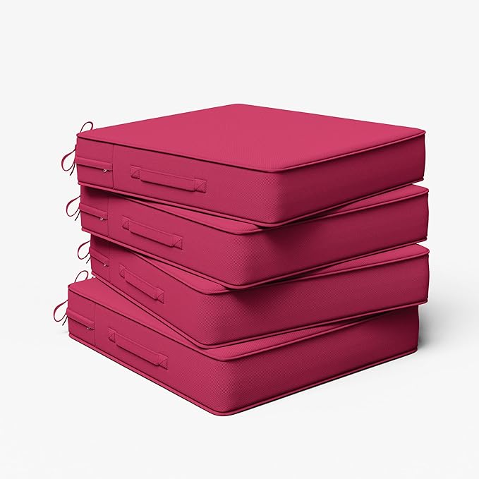 Outdoor Chair Cushion 24 x 24 x 5 Inches Patio Furniture Outdoor Waterproof Seat Cushion, Patio Chair Cushion with Handles and Ties, Square Dining Chair Cushion Set of 4, Pink