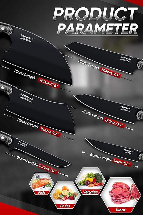 Dream Reach Chef Knife Set - 6PCS Hand Forged Black Butcher Knife Set for Meat Cutting, Serbian Cleavers with A Roll Bag for Kitchen Camping BBQ Outdoor, Birthday Mother Father Gift Idea