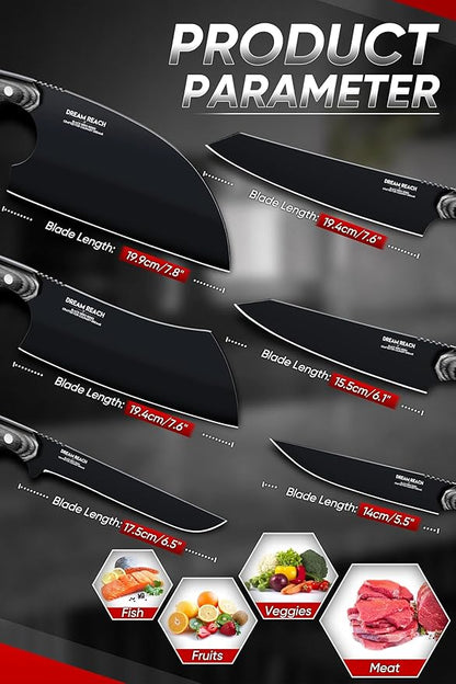 Dream Reach Chef Knife Set - 6PCS Hand Forged Black Butcher Knife Set for Meat Cutting, Serbian Cleavers with A Roll Bag for Kitchen Camping BBQ Outdoor, Birthday Mother Father Gift Idea