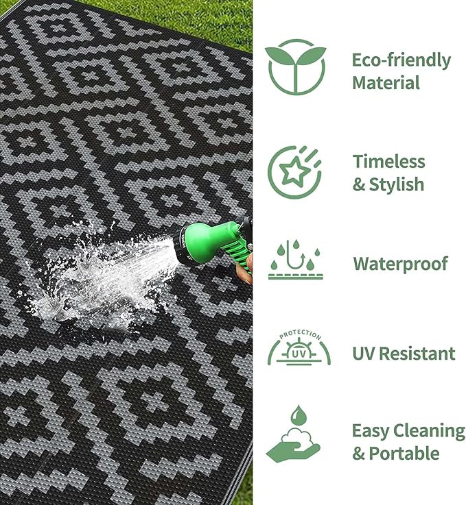 GENIMO Outdoor Rug, Waterproof Plastic Runner Rugs, 2.5'x8' Black Grey | Outside Modern Carpet Mat for Patio Decor, Porch, Deck, Balcony, Camping, RV, Picnic, Beach, Reversible, Foldable