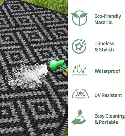 GENIMO Outdoor Rug, Waterproof Plastic Runner Rugs, 2.5'x8' Black Grey | Outside Modern Carpet Mat for Patio Decor, Porch, Deck, Balcony, Camping, RV, Picnic, Beach, Reversible, Foldable