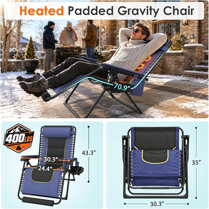 Suteck Heated Zero Gravity Chair, 400LBS 30.3" Padded Antigravity Chairs | Reclining Camping Chair with Headrest, Upgraded Lock, Large Cup Holder and Footrest, Patio Lounge Recliner for Indoor Outdoor