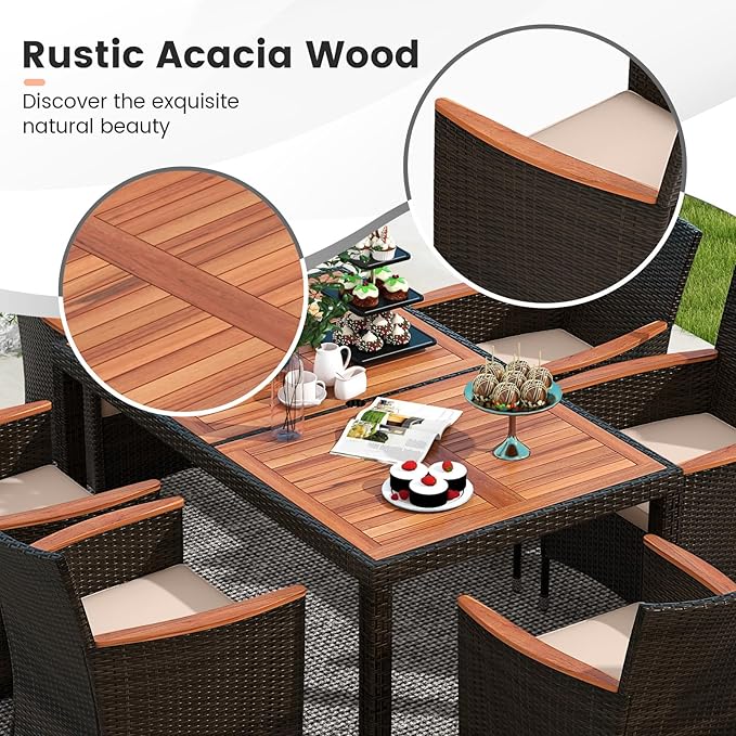 COSTWAY 7-Piece Patio Dining Set for 6, Outdoor Rattan Wicker Table and Chairs Furniture Set with Umbrella Hole, Acacia Wood Tabletop for Backyard, Balcony, Poolside, Brown & Beige