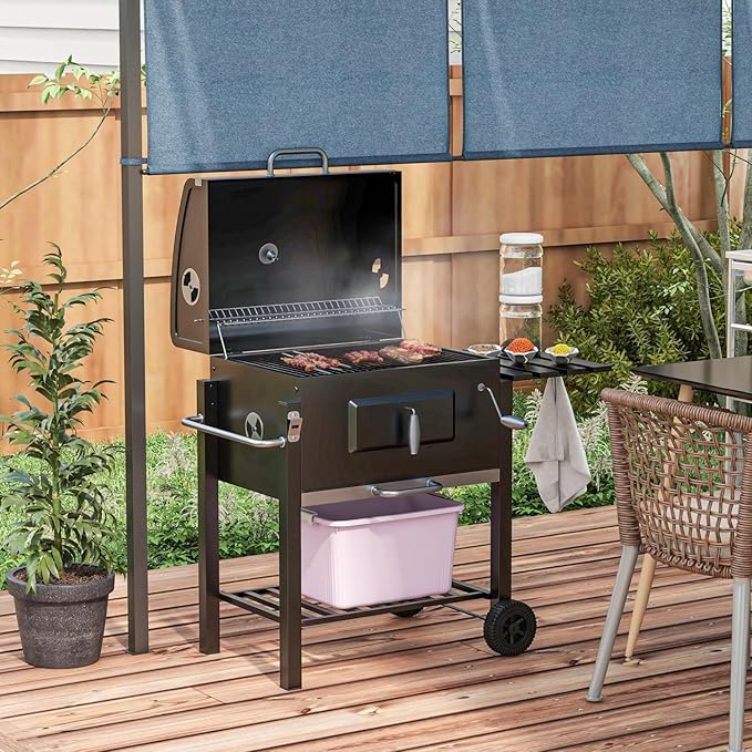 Charcoal BBQ Grill with Side Table and Storage