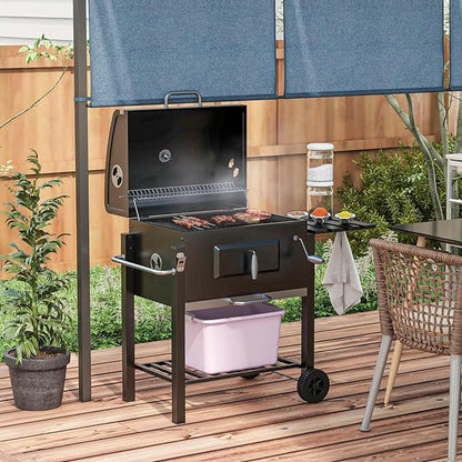 Charcoal BBQ Grill with Side Table and Storage