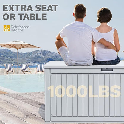 DWVO 320 Gallon Double-Wall Deck Box with Divider, XXL Extra Large Resin Outdoor Storage Box, Lockable & Waterproof, Double as Seating, 1000lbs Capacity (Grayish-White)