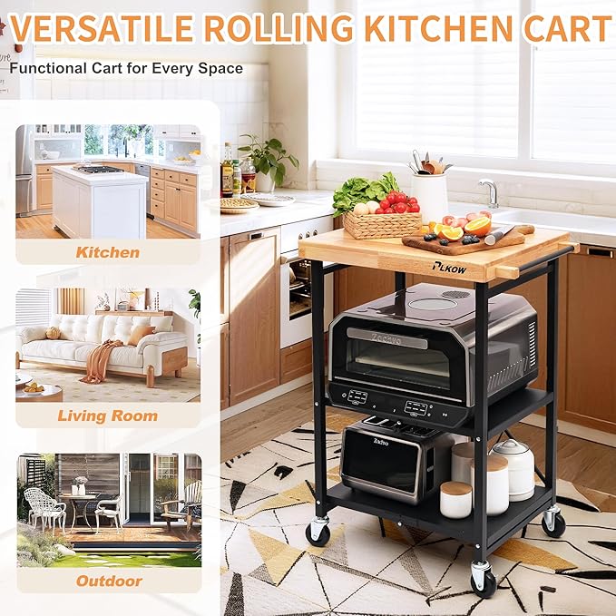 PLKOW Foldable 3-Tier Rolling Kitchen Cart with Solid Oak Top, Black | Solid oak top, fold-flat steel frame, 3-tier storage, and lockable swivel wheels for kitchens and compact spaces.