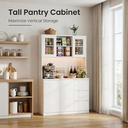 71" Kitchen Pantry Cabinet,Tall Storage Cabinet with Charging Station | Kitchen Storage Hutch with Microwave Shelf,Coffee Bar,Led Lights & Shelves Adjustable,Corner Pantry Cabinet for Living Room