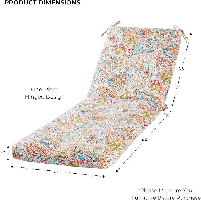 Modern Outdoor Chaise Lounge Cushion with Ties – Durable Polyester Fabric, Channel-Filled Polyfiber Insert, Removable Zippered Cover, Jamboree Paisley