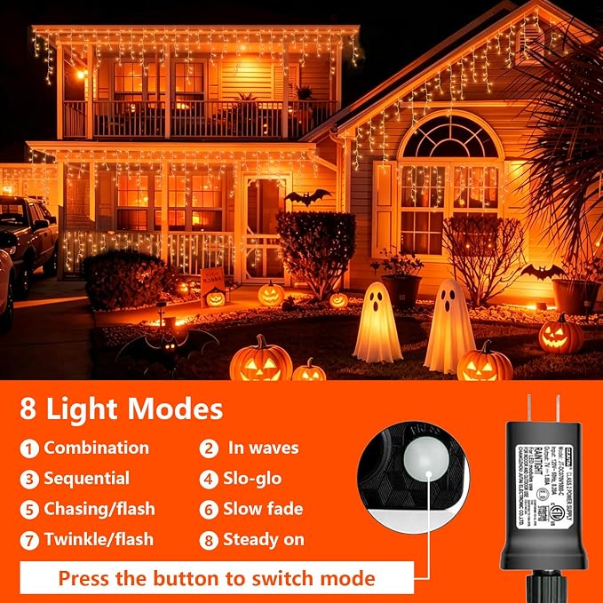 YEGUO 66ft 800 LED Orange Halloween Lights, Connetable Icicle Light Outdoor Waterproof, 8 Modes Christmas Lights Indoor Plug in for Thanksgiving House Patio Fall