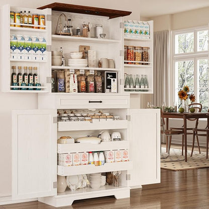 IRONCK 72" Kitchen Pantry Cabinet with Sliding Rack & Adjustable Shelves | Kitchen Storage Cabinets with Drawers and Door Shelves, Freestanding Cupboard for Dining Room, Living Room, White