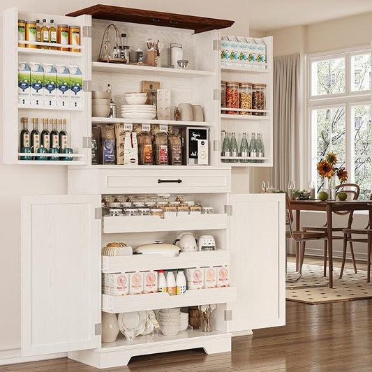 IRONCK 72" Kitchen Pantry Cabinet with Sliding Rack & Adjustable Shelves | Kitchen Storage Cabinets with Drawers and Door Shelves, Freestanding Cupboard for Dining Room, Living Room, White