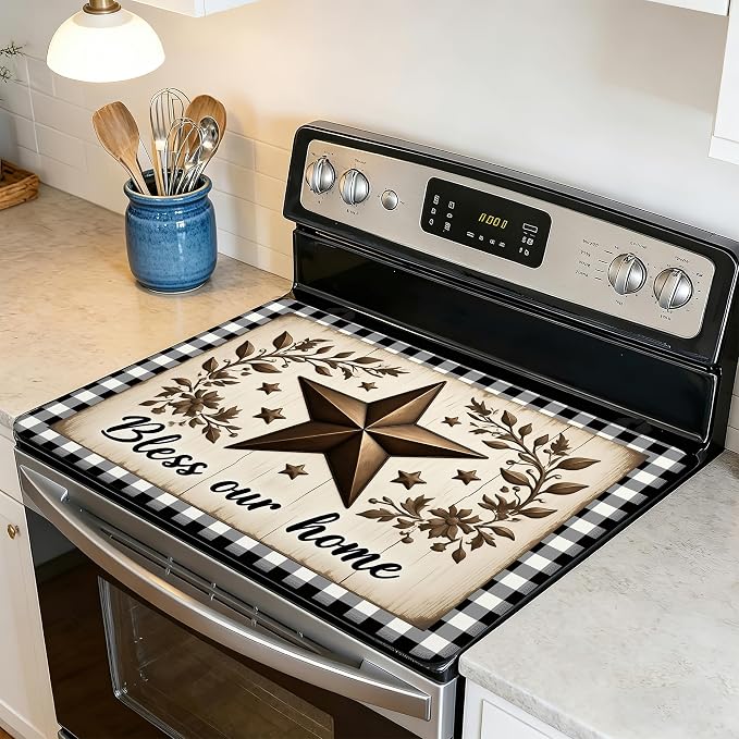 Rustic Wood Star Glass Top Stove Cover Protector,Farmhouse Heat Resistant Stove Top Cover, Large Size Range Covers for Electric Stove Countertop Mat, 28 x 20 Inch