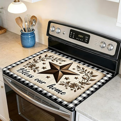 Rustic Wood Star Glass Top Stove Cover Protector,Farmhouse Heat Resistant Stove Top Cover, Large Size Range Covers for Electric Stove Countertop Mat, 28 x 20 Inch