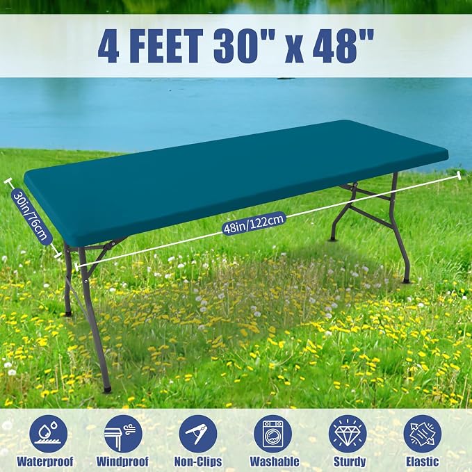 Moosfor 2 Pack Rectangle Spandex Fitted Table Cloth, 4FT Elastic Tablecloth | Washable Picnic Table Cover, Stretch Waterproof Table cloths for Party, Patio, Dining, Kitchen, 30" x 48", Peacock Blue
