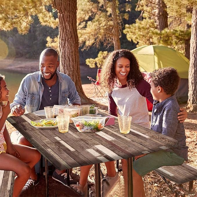 Wood Grain Picnic Table & Benches Cover, Floor Textured Planks Panels Rustic Hardwood, 28x72 Inch, 3-Piece Set, Elastic Edged Table Cover for Travel Christmas Picnics Parties Outdoor
