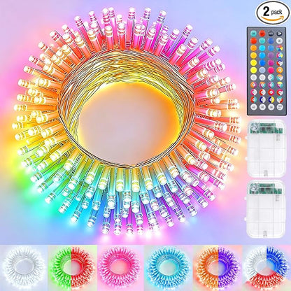 Pooqla 2 Pack Color Changing String Lights Battery Operated, Total 66.6ft 200 LED 34 Colors Battery Christmas Lights with Remote Indoor Outdoor Decorations Bedroom Classroom Porch Party Yard Decor