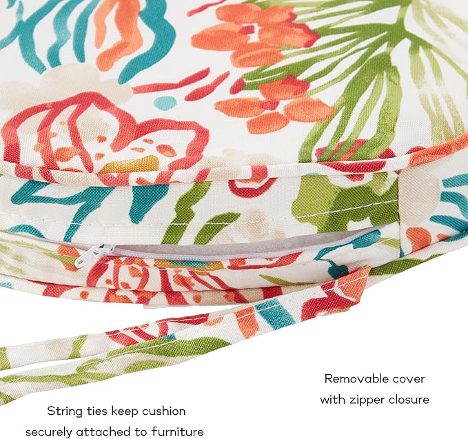 Set of 2 Outdoor 18 inch Round Patio Dining Chair Pads – Comfortable Fiber-Filled Seat Cushions with Ties, Reversible Polyester Fabric - Breeze Floral