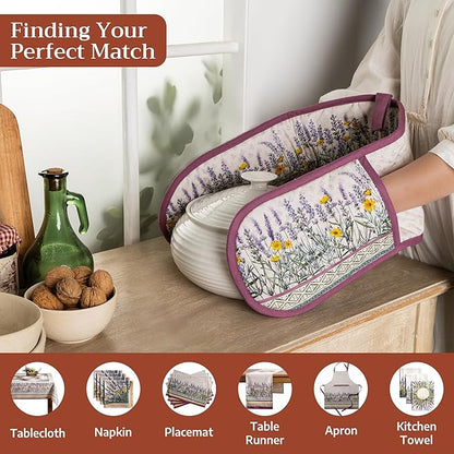 Maison d' Hermine Double Oven Mitts 100% Cotton 7"x35" Double Oven Mitt Heat Resistant BBQ Cooking Gloves with Loop Baking Grilling Kitchen Hotel Home Farmhouse Spring Summer (Fanny Lavender)
