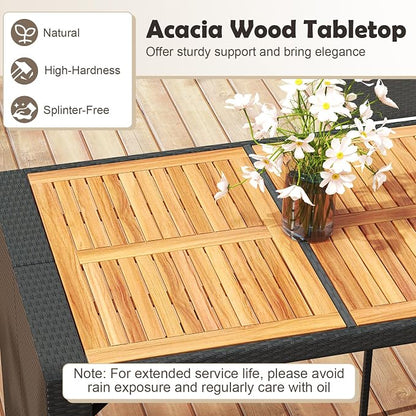7 Piece Patio Wicker Bar Set, Rattan Bar Stools Set for Bistro with Acacia Wood Tabletop & Seat Cushions, Outdoor High Top Table and Chairs for Backyard Garden Porch Poolside (73 Inch)