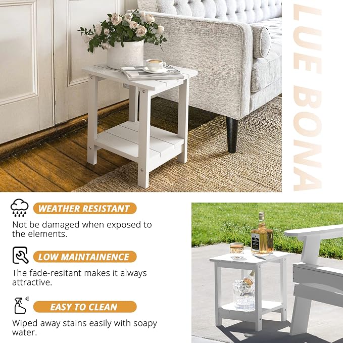 LUE BONA Outdoor Side Table, 2-Tier HDPS Small Patio Table, White | 2-Tier Shelf for Extra Storage, Small End Table for Pool, Porch, Balcony, Weather Resistant HDPS, Easy Clean