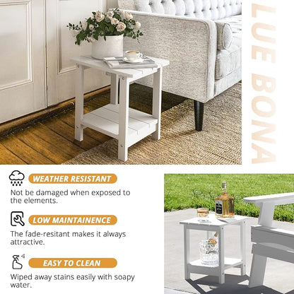 LUE BONA Outdoor Side Table, 2-Tier HDPS Small Patio Table, White | 2-Tier Shelf for Extra Storage, Small End Table for Pool, Porch, Balcony, Weather Resistant HDPS, Easy Clean