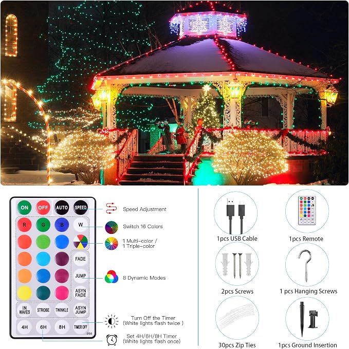 80Ft Solar String Lights for Outside Color Changing LED Christmas Lights | Waterproof 18 Colors 200 LEDs Solar Powered & USB with Remote, RGB Outdoor Fairy Light for Yard Tree Fence Halloween Decor