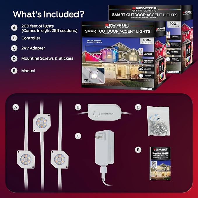 Monster Smart Permanent Outdoor Lights, 200ft, 144 LED Eaves Lights, RGB+IC+WW, Weather & Water Resistant, App & Voice Control, Compatible with Alexa and Google, for Patios, Gardens & Year-Round Use
