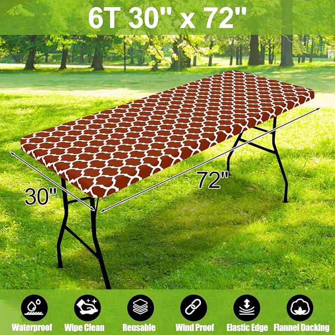 Smiry Picnic Fitted Table Cover, 6 Foot Flannel Backed Vinyl Tablecloth | Waterproof Elastic Stretch Table Cloth, Wipeable Plastic Tablecloth for Camping, Indoor & Outdoor (Rust, 30" x 72")