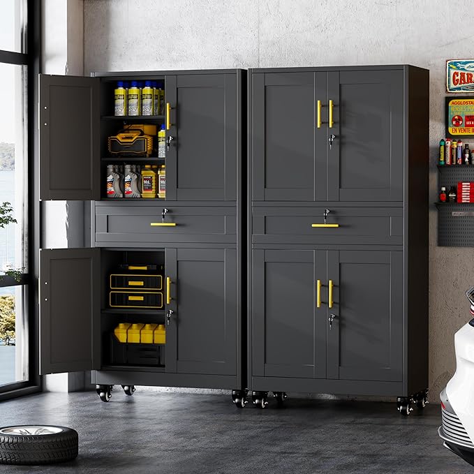 GAIOUS 71” Tall Metal Garage Storage Cabinet with Wheels and Drawer, Steel File Cabinet for Home Office, Tool Cabinet with 4 Locking Doors and 3 Adjustable Shelves, Rolling Cabinet for Garage - Black