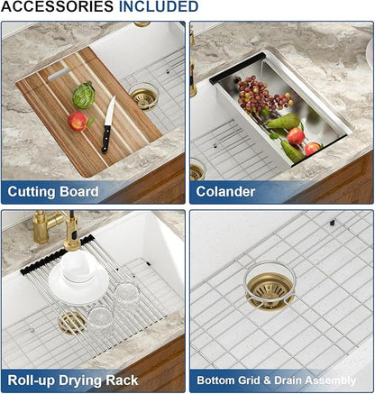 Mocoloo 33 Inch White Granite Composite Kitchen Sink - 33x19 Undermount Ledge Workstation Matte White Quartz Single Bowl Under Counter Kitchen Sinks