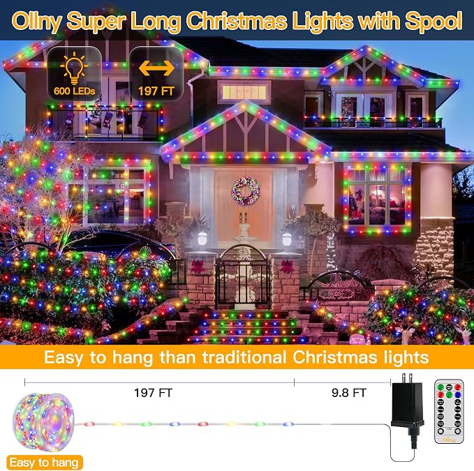 Ollny Christmas Lights Outdoor 600LED 197FT, Multicolor Christmas Tree Lights IP67 Waterproof, Plug in Fairy Lights with Remote 8 Modes Timer, Xmas Light for Indoor House Holiday Decor