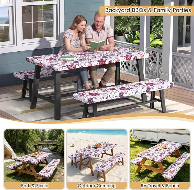 SquarePie Picnic Table Cover with Bench Covers - Waterproof Fitted Elastic Tablecloth for 6 FT Tables - Washable Polyester Camping Table Cloth for Outdoor Patio RV BBQ (Gorgeous Flowers, 30"x72")