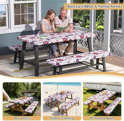 SquarePie Picnic Table Cover with Bench Covers - Waterproof Fitted Elastic Tablecloth for 6 FT Tables - Washable Polyester Camping Table Cloth for Outdoor Patio RV BBQ (Gorgeous Flowers, 30"x72")