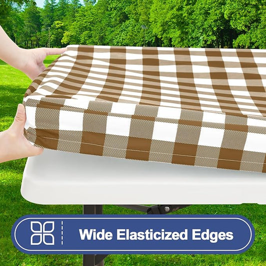 Smiry Picnic Table Cloth 2 Pack, Waterproof Elastic Fitted Tablecloths for 6FT Rectangle Tables, Washable Polyester Buffalo Plaid Tablecloth for Camping, Dining & Outdoor (Brown & White, 30" x 72")