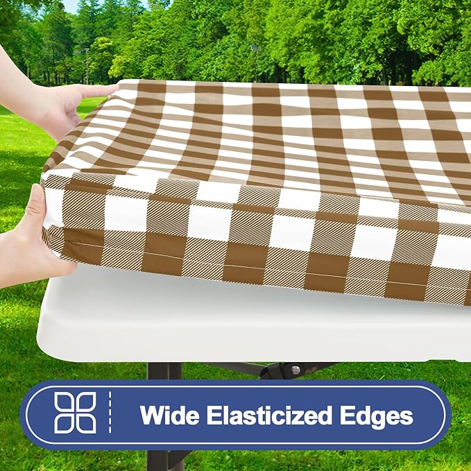 Smiry Picnic Table Cover with Bench Covers, Waterproof Elastic Fitted Tablecloths for 6 Foot Rectangle Tables, Washable Buffalo Plaid Tablecloth for Camping, Outdoor (Brown & White, 30"x72")