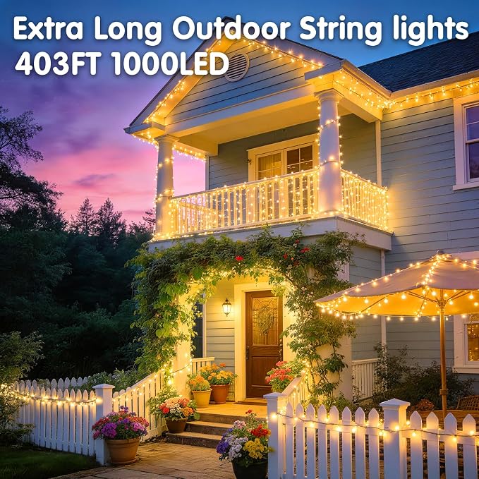 KNONEW 403FT 1000 LED Christmas Lights Outdoor String Lights 8 Modes & Timer Fairy Light Plug in Waterproof LED String Lights for Xmas Yard Tree Wedding Party Holiday Decorations (Warm White)