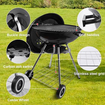 22-inch Charcoal Grill Kettle grill: Black Portable grill with stainless steel grilling net - backyard barbecue party grill (22inch)
