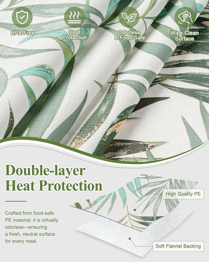 Seenus Summer Tropical Palm Leaf Tablecloth for Hawaiian Aloha Luau Party, Waterproof & Wipeable Eucalyptus Table Cloth with Flannel Backing for Outdoor BBQ & Patio Decor, Rectangle 60x84 Inch
