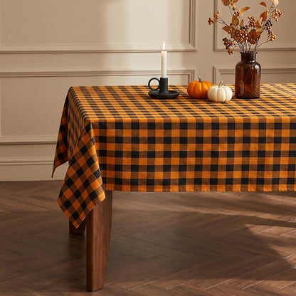 Halloween Gingham Tablecloth Waterproof, Fall Checkered Fabric Table Cover for Kitchen Dining, Black & Orange Plaid Table Cloth, Rectangle Table Cloth for Indoor Outdoor Use, W60 x L84 in