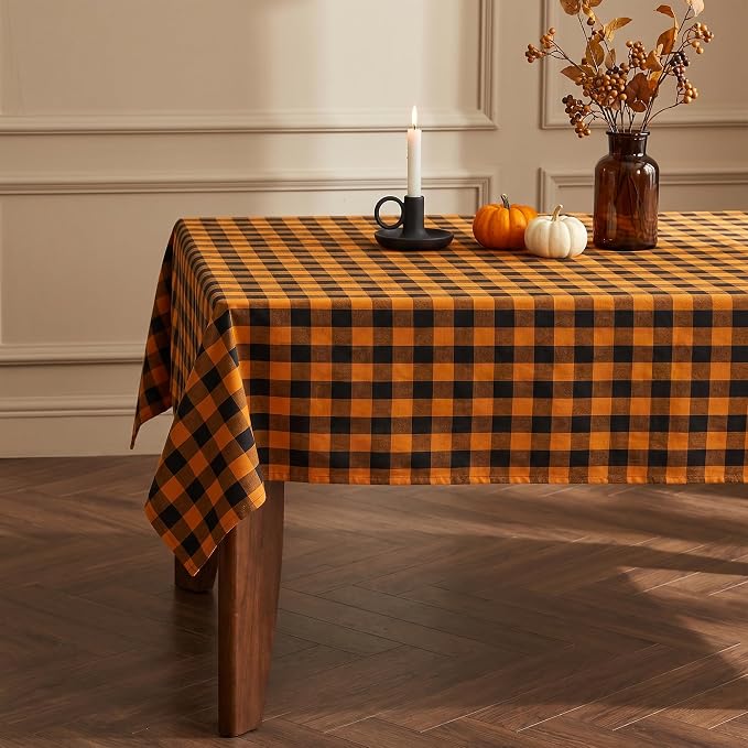 Waterproof Gingham Tablecloth, Checkered Fabric Table Cover for Kitchen Dining, Black & Orange Plaid Table Cloth, Rectangle Table Cloth for Indoor Outdoor Use, W60 x L102 in