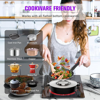 12 Inch 2 Burner Electric Cooktop, 2000W Double Ceramic Glass Stove Top with Touch Control or Slider Control & Infrared Heating, 9 Power Levels, Timer, Child Lock