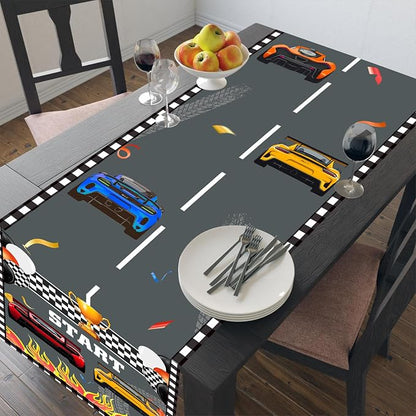 Race Car Theme Table Runner, Checkered Flag Linen Fabric Table Runner for Everyday Use 72 x 13 Inches, Washable Table Cover for Indoor Outdoor Kitchen Dining Table Decorations