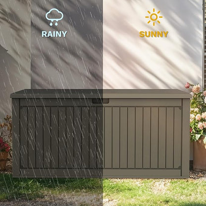 DWVO 320 Gallon Resin Outdoor Storage Box, XXL Double-Wall Waterproof Deck Box with Divider, Doubles as Table or Seating with 1000 lbs Capacity, Lockable (Light Brown)