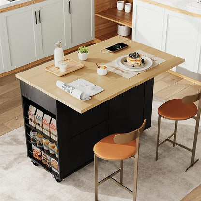 Rolling Kitchen Island with Drop Leaf Countertop, Charging Station | Ample Storage - 47.2" Mobile Kitchen Cart On Wheels with Pull-Out Shelves, Drawers, Spice Rack & Organizer Divider