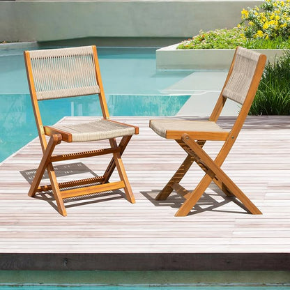 Wood Rope Design Bistro Chairs, Folding Patio Set of 2 Chairs – Heavy-Duty 400lbs Capacity Outdoor Seating for Balcony, Garden, or Porch