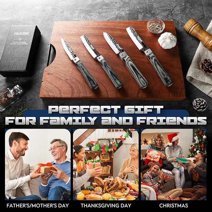 Huusk Folding Chef Knife Set - Japanese Hand Forged Pocket Knife Set - Including Nakiri, Santoku, Bread and Fruit Knives - Gifts for Men and Women