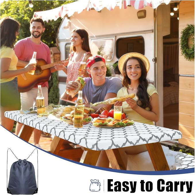 Smiry Picnic Table Cover with Bench Covers, Waterproof Elastic Fitted Tablecloth for 6 Foot Tables, Washable Polyester Tablecloths for Camping, Indoor & Outdoor (White, 30x72 Inch 3-pc Set)