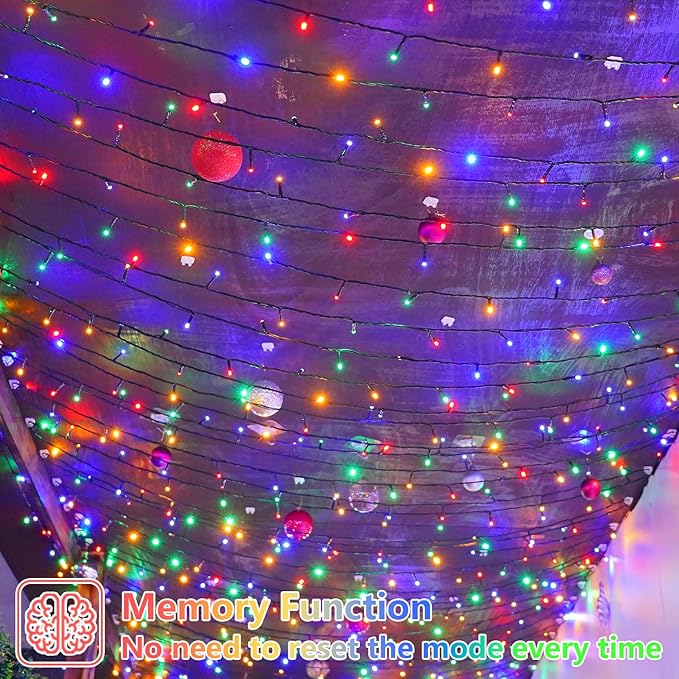 YEGUO 66ft 200 LED String Light Outdoor Waterproof, 8 Modes Christmas Lights Multicolor, Green Wire Twinkle Tree Light Plug in with Timer Memory